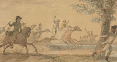 Carle VERNET (1758-1836) 
Quatre scènes de course de chevaux
Aquarelle, plume, encre...