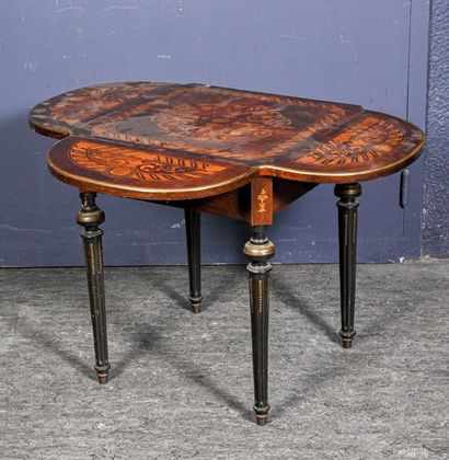 null Square flap table in veneer wood, inlaid with foliage, rosettes and acanthus...