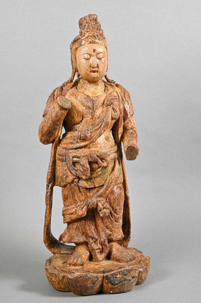 null CHINA


Statuette of Guanyin standing with raised hands resting on a lotus-shaped...