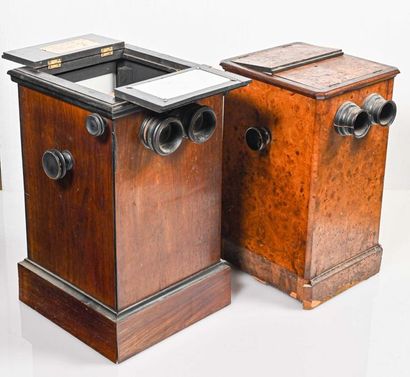 null Two wooden viewers, one with stereo views on Alpine landscape paper, c. 1865.
-Functional...