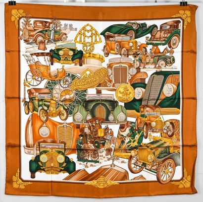 null HERMES Paris.
Printed silk twill square titled "Automobile" with brown, beige,...