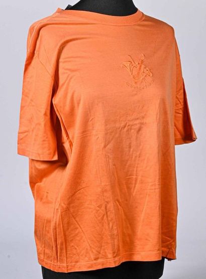 HERMES. Apricot cotton T-shirt, round neckline, short sleeves, front embroidered...