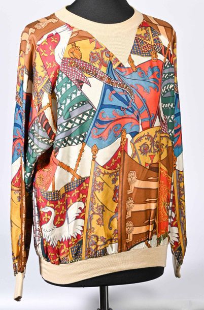 HERMES Paris. Printed silk twill sweatshirt with multicoloured pennant motif, round...