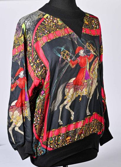 HERMES Paris. Printed silk twill sweatshirt, titled "Fireworks" with red/black dominance,...