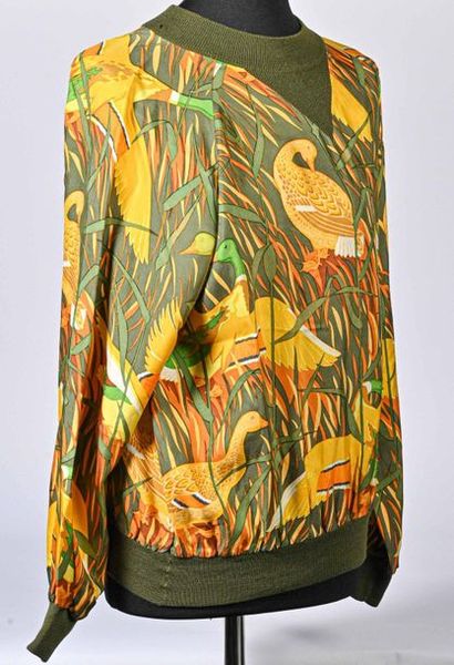 HERMES Paris. Silk twill sweatshirt printed with the "Mallards" square in the rushes,...