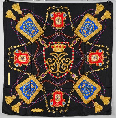 CARLETON VARNEY. Square in black printed silk with scrolls, crowns and blazons in...