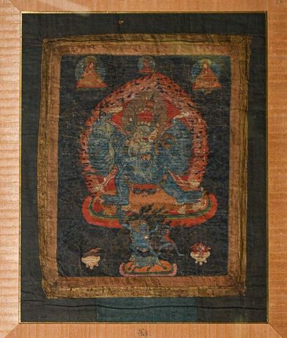 Tibet XIXe Thangka, tempera on canvas, nine-headed Yamantaka standing on an oval-shaped...