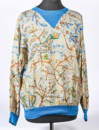 HERMES Paris. Silk twill sweatshirt printed with mosaic square, round neckline, long...