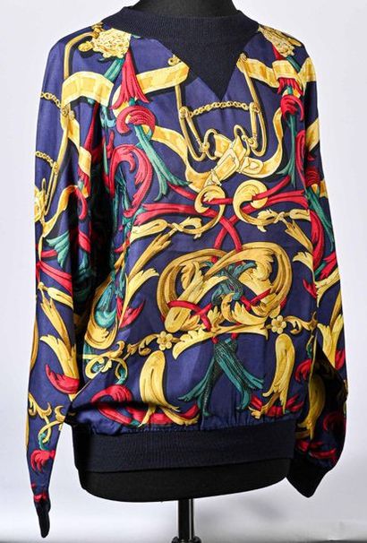HERMES. Red, green and gold twill silk sweatshirt printed with red, green and gold...