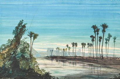 Ecole Orientaliste Palm trees on the banks of the Wadi 

Gouache on paper

H. 38...
