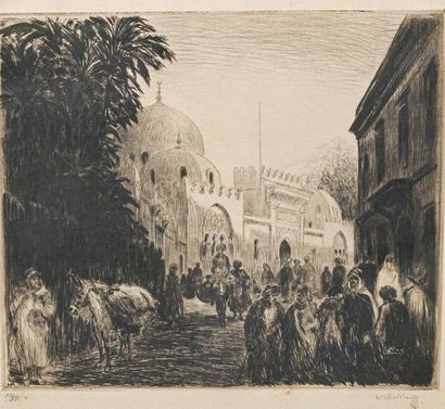 Rue animée devant la mosquée Lithograph, signed lower right, justified lower left...