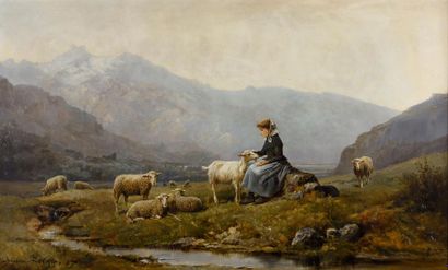 null Théodore LEVIGNE (1848-1912)
Bergère, moutons et chèvres dans un paysage de...