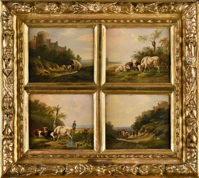 null Albertus VERHOESEN (1806-1881)
Paysages animés 
Quatre huiles sur panneau dans...