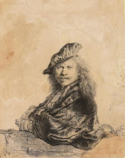 null REMBRANDT VAN RIJN (1606 - 1669)
Autoportrait appuyé sur un rebord de pierre,...