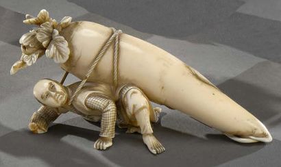 JAPON - Epoque MEIJI (1868-1912) 
**Okimono en ivoire, à sujet d'un paysan sanglé...