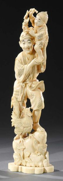 JAPON - Epoque MEIJI (1868-1912) 
Grand okimono en ivoire de morse, à sujet d'un...