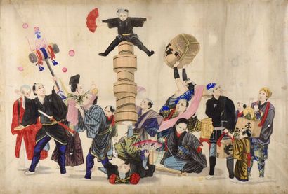 JAPON - Début d'époque MEIJI (1868-1912) 
Étonnante peinture polychrome et or sur...