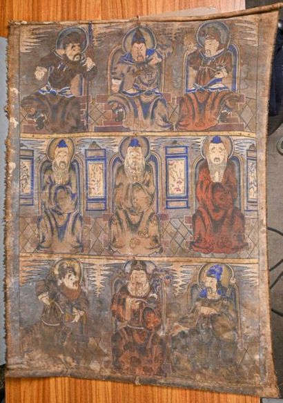 null CHINE - XIXe siècle
Tangka représentant neuf sages assis sur leurs trônes
Peinture...
