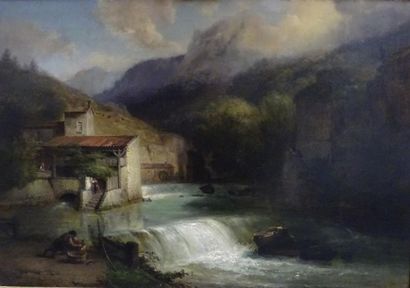 null François Edmé RICOIS (1795 - 1881) 
Moulin et lavandières dans les environs...