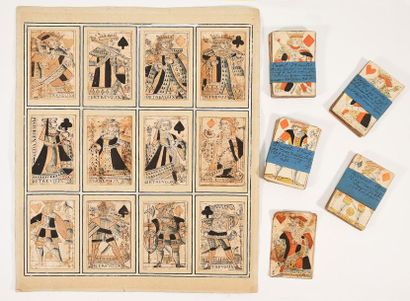 null PLAYING CARDS. Nice set of 108 playing cards, Trévoux or Lyon, late 18th century.
-...