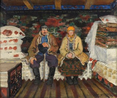  Lucien LANTIER (1879-1960) Couple de paysans russes dans leur intérieur Huile sur...