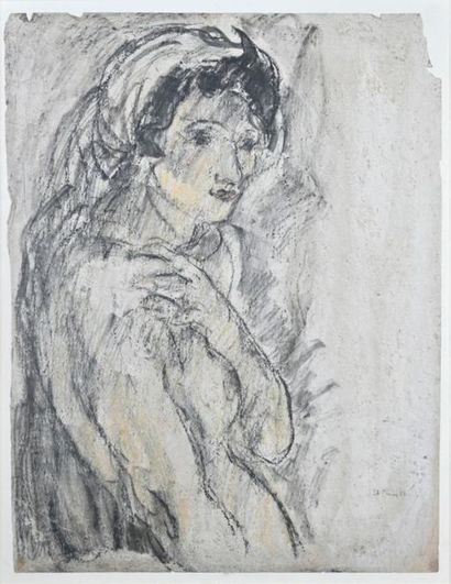  Pierre COMBET-DESCOMBES (1885-1966) Portrait de femme au fichu blanc Technique mixte...