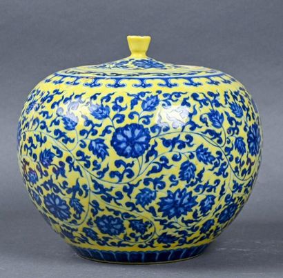 null CHINE - XXe siècle
Pot couvert en porcelaine, à décor bleu de rinceaux et fleurs...