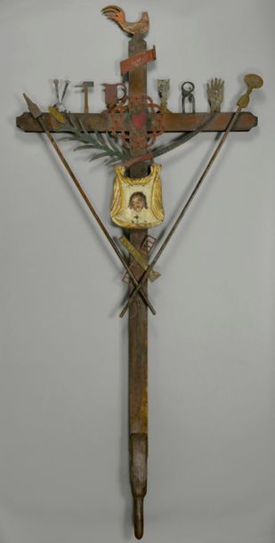 null Important wooden sailor's cross decorated with the Passion instruments in polychrome...