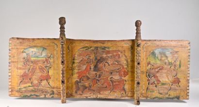 null Painted softwood wagon sides decorated with knights fighting, the uprights carved...