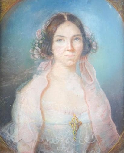 null A. TERREAUX***Ecole FRANCAISE du XIXe siècle
Portrait de femme à la broche
Grand...