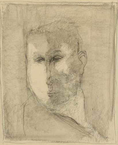 null "French school of the 20th century Portrait of a man Charcoal Monogrammed EM...