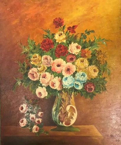 null "*R. MELLA*** Bouquets de fleurs Gouache sur carton On joint une aquarelle contemporaine...