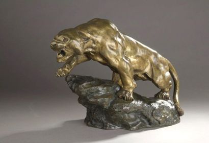 null "Thomas François CARTIER (1879-1943) Roaring Panther Bronze with brown and golden...