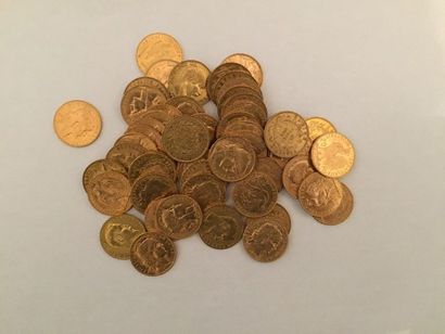 null "Lot de 51 pièces de 20 francs or. Dont : 4 ""Napélon III, tête nue"", 2 ""Napoléon...