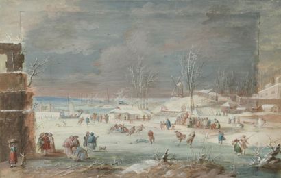 null Abraham RADEMAKER (1677-1735) Winter skating scene Gouache H.18,5 cm - W. 28...