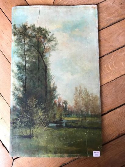null Late 19th century FRENCH school River near tall trees Oil on panel H. 49,8 cm...