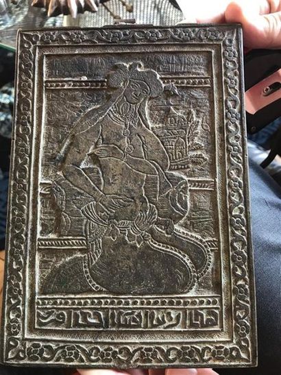 null BRONZE PLATE showing : A rider on a floral background on one side and on the...