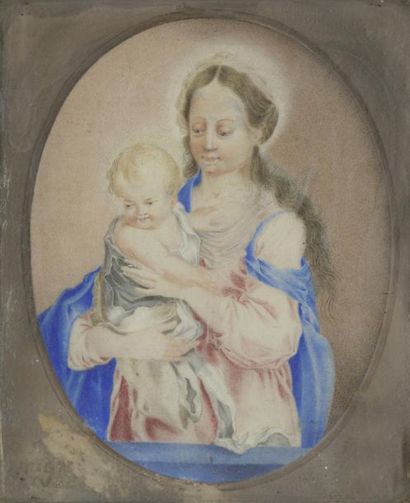 null XVIIth century FRENCH school Virgin and Child Gouache on vellum In an antique...