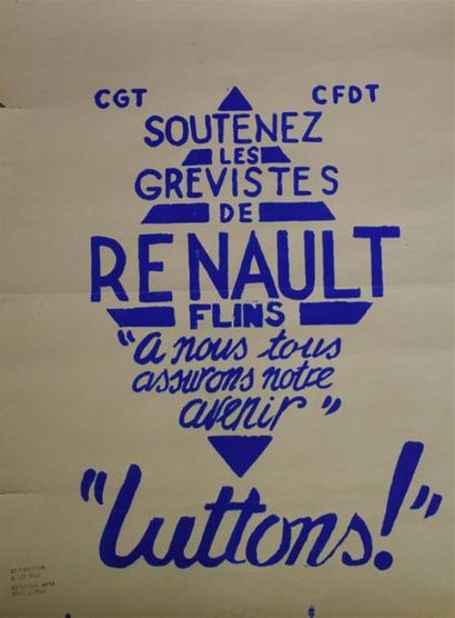 null Support the Renault-Flins Grevistas. Let's fight! Silkscreen in blue on paper...