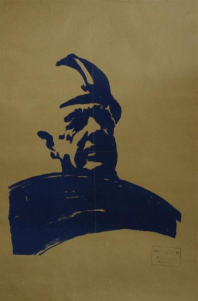 null Portrait of the General in CRS Silkscreen in blue-grey on kraft paper, reframed...