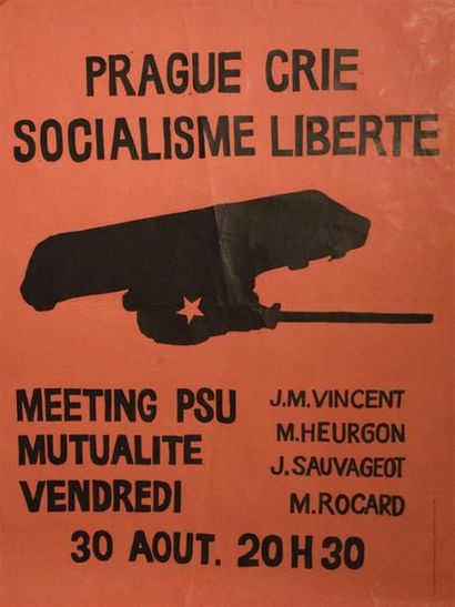 null Prague cries socialism freedom - PSU meeting 30 August Offset in black on red...