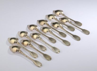 null Twelve gilt teaspoons (950 thousandths) net model.
Paris 1819-1838 
Weight 262,6...