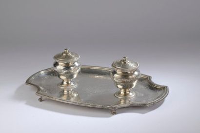 null Desk inkwell with two covered cups, (the interiors in white glass) resting on...