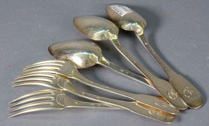 null Trois grands couverts en argent, modèle uniplat, la spatule chiffrée OBS 
Vieillard,...