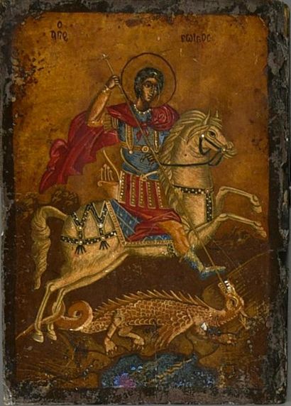 null Icône figurant Saint-Georges terrassant le dragon
Tempera et or sur bois
Grèce,...