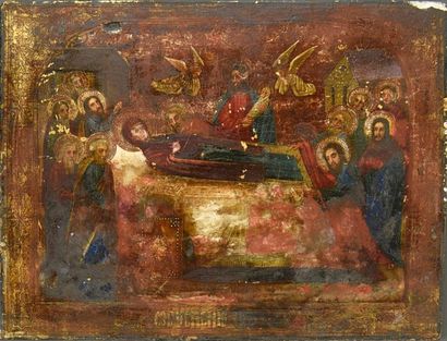 null Icône de la Dormition de la Vierge
Tempera sur bois
Russie, XIXe siècle
H. 30...