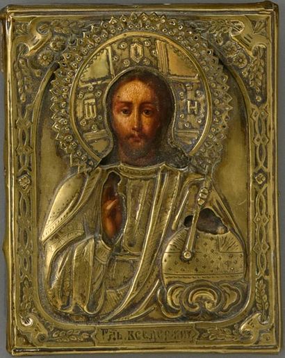 null Icône du Christ Pantocrator
Dans son oklad en métal argenté
Russie, fin du XIXe...