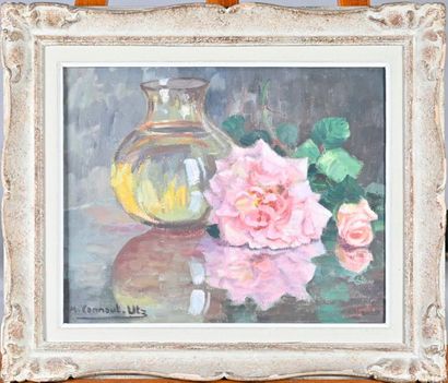 null Micheline CANNAUT-UTZ (XXe siècle)
Rose et vase 
Huile sur toile signée en bas...
