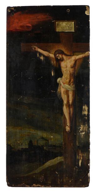 null Ecole FLAMANDE vers 1620 
Christ en croix 
Huile sur panneau, marque de collection...