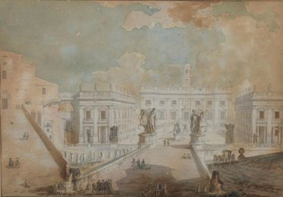 null École FRANÇAISE du XVIIIe siècle
Rome, le temple Rotondo & Rome, vue de la Place...